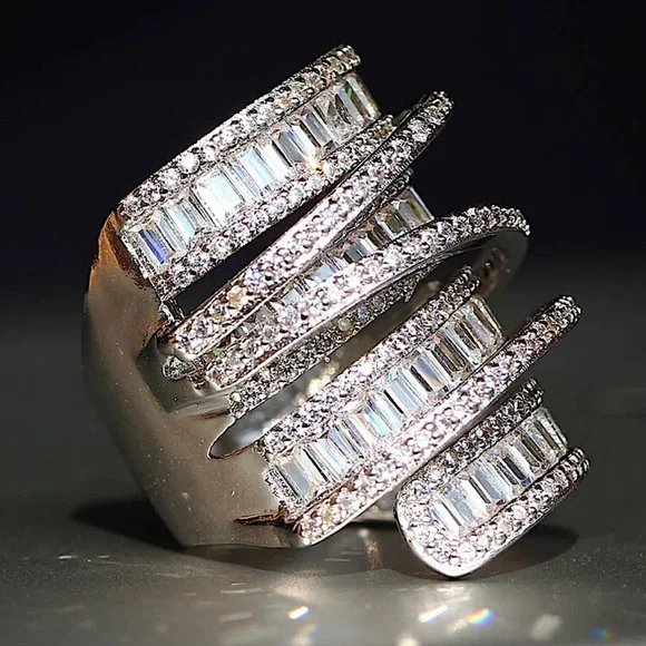 Sterling Silver Baguette Cubic Zircon Multilayer Cross Over Statement Ring - Picture 5 of 11